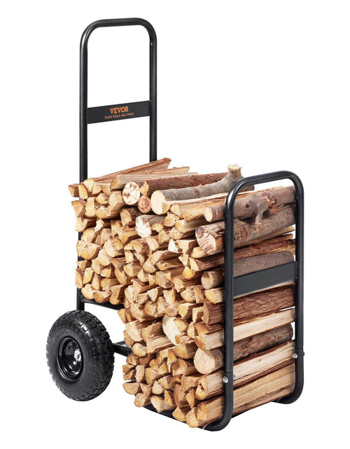 Load image into Gallery viewer, Firewood Log Cart, 250 lbs Load Capacity, Outdoor and Indoor Wood Rack Storage Mover with Pneumatic Rubber Wheels, Heavy Duty Steel Dolly Hauler, Firewood Carrier for Fireplace, Fire Pit, Black
