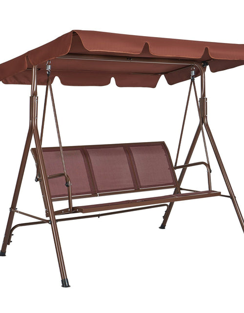 Load image into Gallery viewer, 3-Seat Patio Swing Chair, Outdoor Patio Swing with Adjustable Canopy, Porch Swing with Armrests, Teslin Fabric and Alloy Steel Frame, for Balcony, Backyard, Patio, Garden, Poolside, Brown
