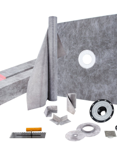 Load image into Gallery viewer, Shower Curb Kit, 48"x48" Watertight Shower Curb Overlay with 4" PVC Central Bonding Flange, 4" Stainless Steel Grate, 2 Cuttable Shower Curb and Trowel, Shower Pan Slope Sticks Fit for Bathroom
