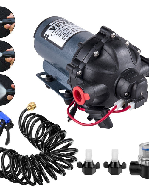 Load image into Gallery viewer, RV Water Pump 5.3 GPM 5.5 Gallons Per Minute 12V Water Pump Automatic 70 PSI Diaphragm Pump with 25 Foot Coiled Hose Washdown Pumps for Boats Caravan Rv Marine Yacht
