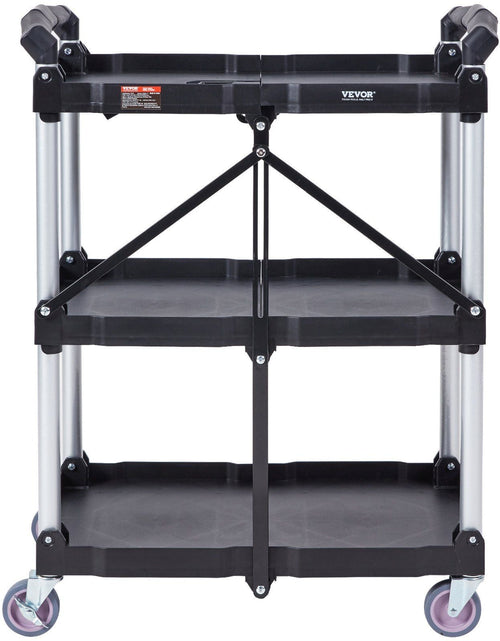 Load image into Gallery viewer, Foldable Utility Service Cart, 3 Shelf 165LBS Heavy Duty Plastic Rolling Cart with Lockable Wheels, Ergonomic Handle, Portable Garage Tool Cart for Warehouse/Office/Home(25.62"x15.43"x32.76")
