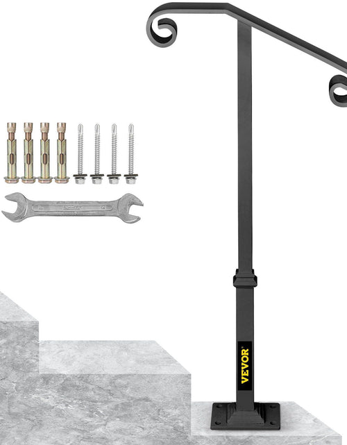 Load image into Gallery viewer, Handrails for Outdoor Steps, Fit 1 or 2 Steps Outdoor Stair Railing, Single Post Wrought Iron Handrail, Gray Transitional Porch Railings for Concrete Steps or Wooden Stairs with Base
