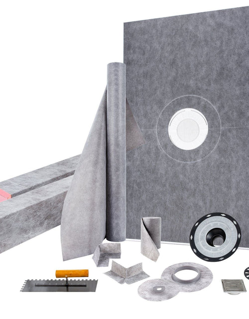 Load image into Gallery viewer, Shower Curb Kit, 48"x72" Watertight Shower Curb Overlay with 4" PVC Central Bonding Flange, 4" Stainless Steel Grate, 2 Cuttable Shower Curb and Trowel, Shower Pan Slope Sticks Fit for Bathroom
