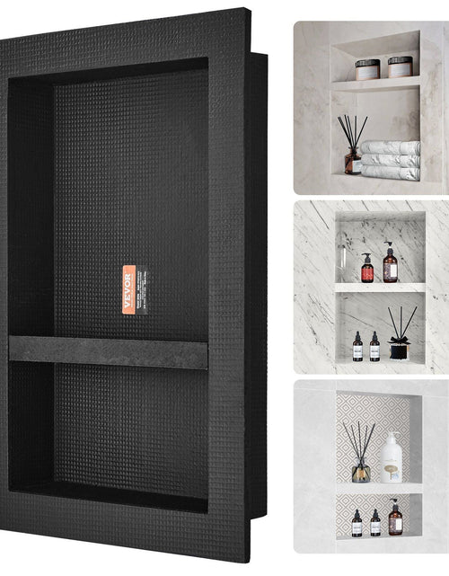 Load image into Gallery viewer, Shower Niche Ready for Tile 16" x 24", Double Shelf Organizer, Square Corners Wall-inserted Niche Recessed, Sealed Protection Modern Soap Storage Niche for Shower Bathroom, Black
