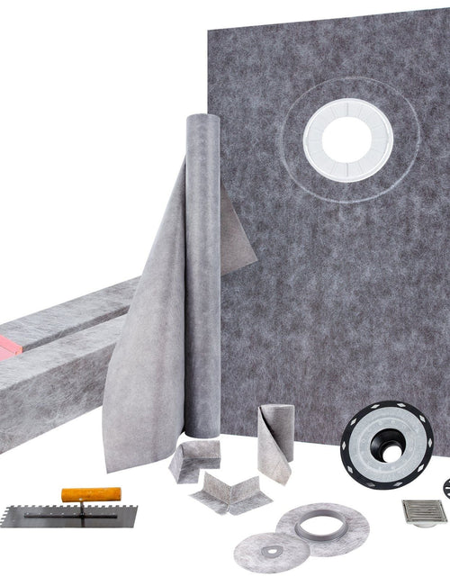 Load image into Gallery viewer, Shower Curb Kit, 38"x60" Watertight Shower Curb Overlay with 4" ABS Offset Bonding Flange, 4" Stainless Steel Grate, 2 Cuttable Shower Curb and Trowel, Shower Pan Slope Sticks Fit for Bathroom
