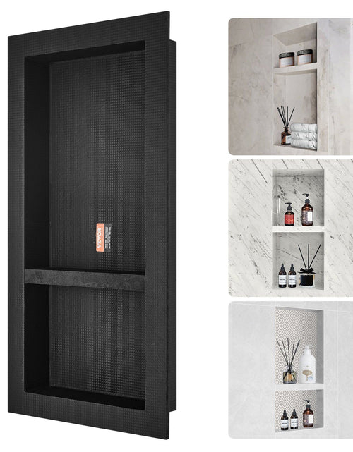 Load image into Gallery viewer, Shower Niche Ready for Tile 16" x 32", Double Shelf Organizer, Square Corners Wall-inserted Niche Recessed, Sealed Protection Modern Soap Storage Niche for Shower Bathroom, Black
