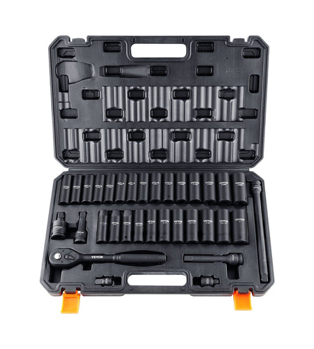 1/2" Drive Impact Socket Set, 33 Piece Socket Set SAE 3/8"-1" and Metric 10-24mm, 6 Point Cr-V Alloy Steel for Auto Repair, Easy-to-Read Size Markings, Rugged Construction, Includes Storage Case