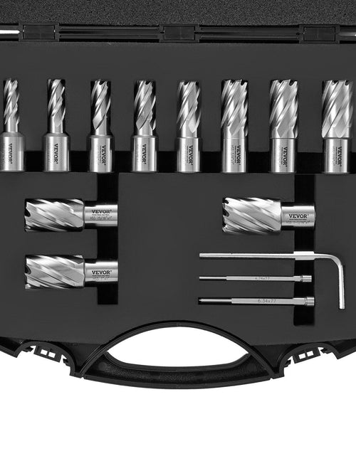 Load image into Gallery viewer, Annular Cutter Set, 13 pcs Weldon Shank Mag Drill Bits, 7/16" to 1-1/16" Cutting Diameter, 1" Cutting Depth, M2AL HSS, 2 Pilot Pins, Hex Wrench and Portable Case, for Using with Magnetic Drills
