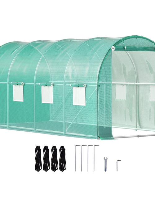 Load image into Gallery viewer, Walk-in Tunnel Greenhouse, 14.8 x 6.6 x 6.6 ft Portable Plant Hot House w/ Galvanized Steel Hoops, 1 Top Beam, Diagonal Poles, Zippered Door &amp; 8 Roll-up Windows, Green
