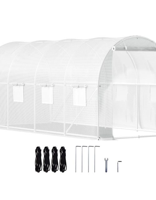 Load image into Gallery viewer, Walk-in Tunnel Greenhouse, 15 x 6.5 x 7 ft Portable Plant Hot House w/ Galvanized Steel Hoops, 1 Top Beam, Diagonal Poles, Zippered Door &amp; 8 Roll-up Windows, White
