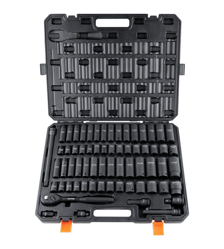 1/2" Drive Impact Socket Set, 65 Piece Socket Set SAE 3/8" to 1-1/4" and Metric 10-24mm, 6 Point Cr-V Alloy Steel for Auto Repair, Rugged Construction, Easy-to-Read Size Markings, Storage Case