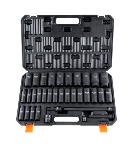 1/2" Drive Deep Impact Socket Set, 34pcs Socket Set Metric (8-36mm) 6 Point Cr-MO Alloy Steel for Auto Repair, Rugged Construction, Includes Heavy Duty Storage Case