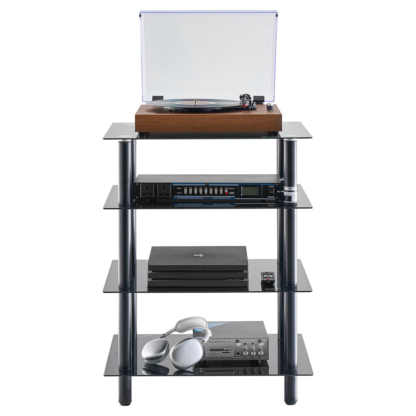 4-Tier AV Media Stand Strengthened Tempered Glass Audio-Video Media Stand, AV Media Stand Corner Shelf Corner Shelves Component Cabinet Stereo Audio Rack Stand Tower Perfect for DVD Players