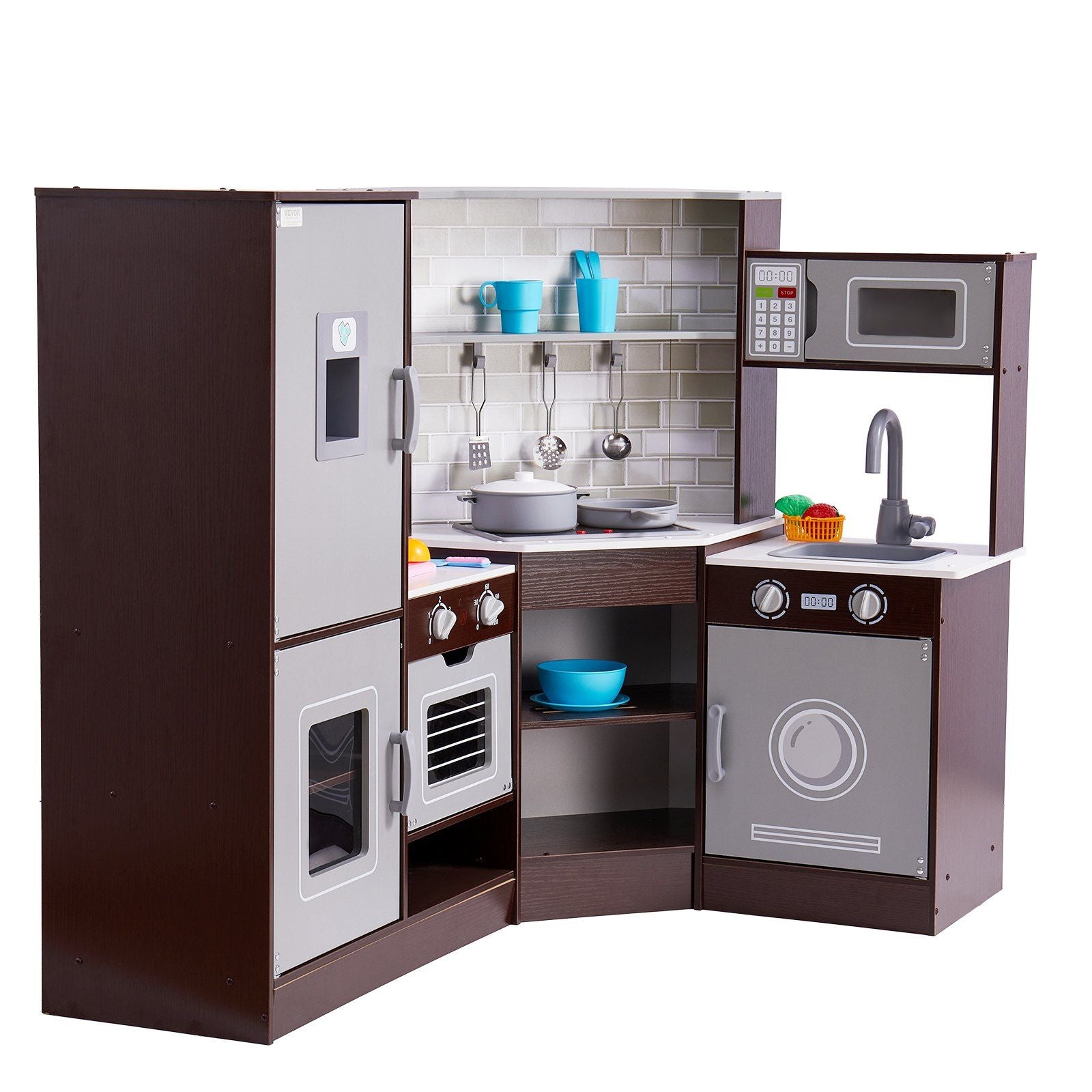 Kitchen Playset Kids Pretend Cooking Play Toy 24 Piece Accessories Brown