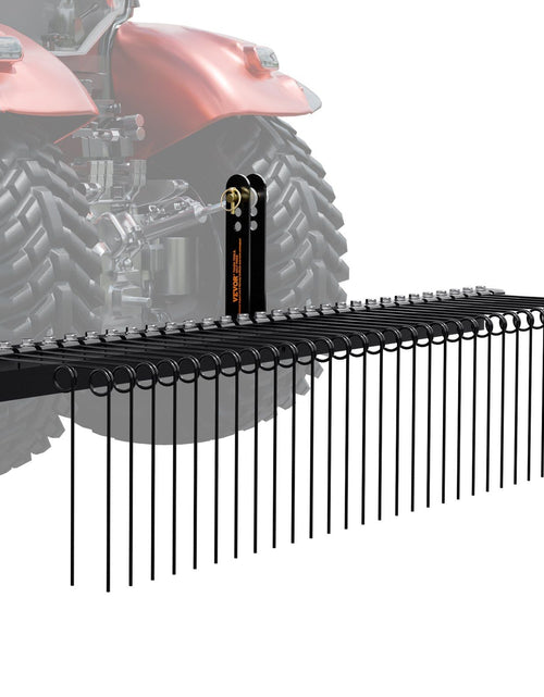 Load image into Gallery viewer, Tow Behind Landscape Rake, 72" Tow Dethatcher with 32 Steel Tines, Lawn Dethatcher Rake Attaches to Category 1, 3 Point Hitch for Tractor, for Leaves, Pine Needles, Straw, and Grass
