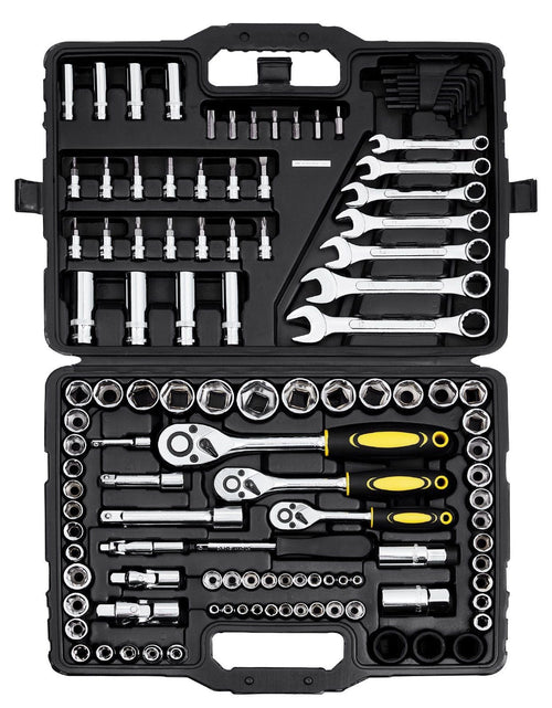 Load image into Gallery viewer, 121-Piece Mechanics Tool Set 1/4" 3/8" 1/2" Drive Sockets SAE and Metric
