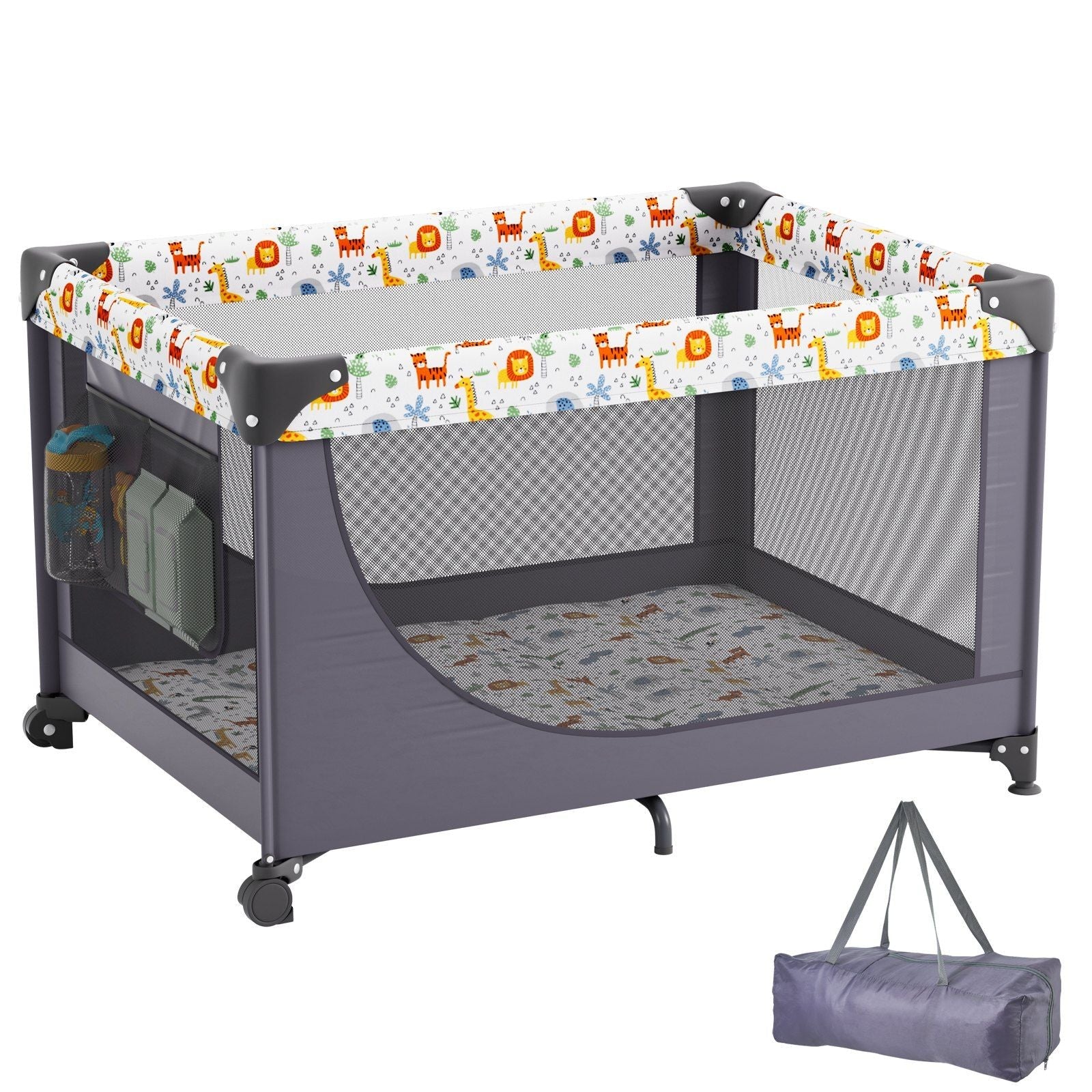 Baby Playpen Quick-Folding Portable Baby Toddler Fence Play Yard & Wheels