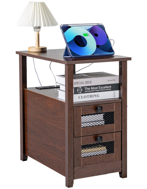 Load image into Gallery viewer, Farmhouse End Table, Narrow Night Stand with USB Ports and Outlets, 4 Tiers End Table Side Table Coffee Table with Storage Cabinet and 2 Drawers, Ideal for Living Room, Bedroom, Office, Brown
