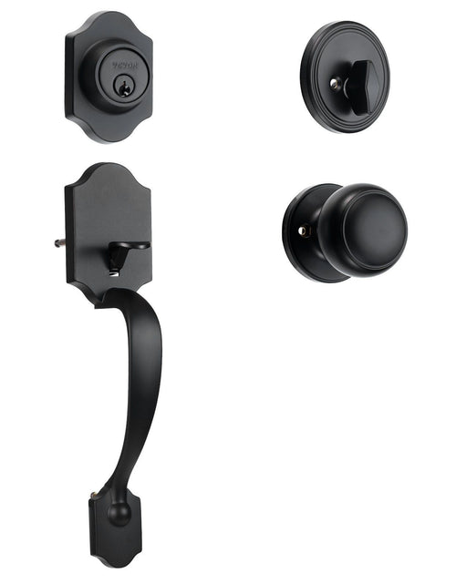 Load image into Gallery viewer, Front Door Handle and Deadbolt Set, Matte Black Front Door Lock Set with Interior Knob, Adjustable Hole Spacing Single Cylinder Handleset, for Right and Left Handed Entrance and Front Door
