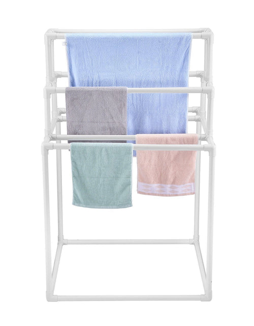 Load image into Gallery viewer, 8 Bar Pyramid Towel Rack - Dry Wet Towels, Organize Fresh Towels, Poolside Towel Storage Organizer, (35.43" L x 35.43" W x 54.72" H), White
