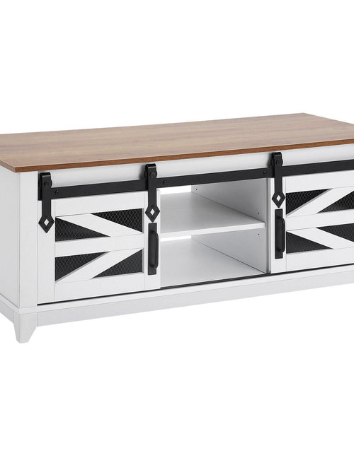 Load image into Gallery viewer, 48" Farmhouse Coffee Table, Rectangle Coffee Table with 2 Sliding Barn Doors, 2 Tiers Wooden Rustic Table with Removable Shelves for Living Room, Bedroom, Apartment, or Studio, White &amp; Natural
