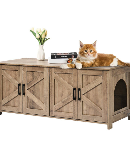 Load image into Gallery viewer, Cat Litter Box Enclosure Wooden Litter Box Furniture Hidden 2 Rooms Greige
