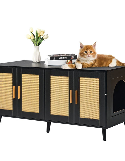 Load image into Gallery viewer, Cat Litter Box Enclosure Wooden Litter Box Furniture Hidden 2 Rooms Black
