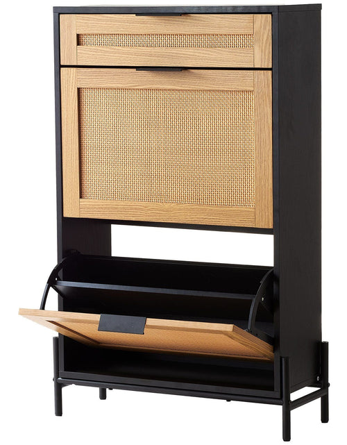Load image into Gallery viewer, Rattan Shoe Cabinet, Narrow Shoe Storage Organizer with 2 Flip Rattan Drawers &amp; 1 Slide Drawer, Metal Legs, Slim Shoe Entryway Cabinet Ideal for Entryway, Closet, Hallway, Black
