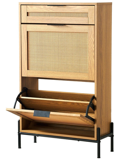 Load image into Gallery viewer, Rattan Shoe Cabinet, Narrow Shoe Storage Organizer with 2 Flip Rattan Drawers &amp; 1 Slide Drawer, Metal Legs, Slim Shoe Entryway Cabinet Ideal for Entryway, Closet, Hallway, Light Wood Color
