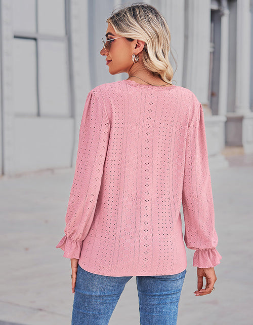Load image into Gallery viewer, Eyelet V-Neck Flounce Sleeve Blouse
