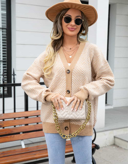 Load image into Gallery viewer, Angel Wings Striped V-Neck Dropped Shoulder Button-Up Cardigan
