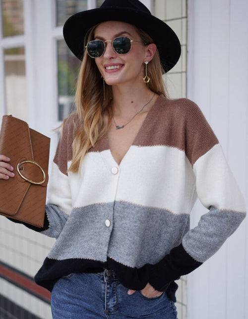 Load image into Gallery viewer, Woven Right Color Block V-Neck Button Down Cardigan
