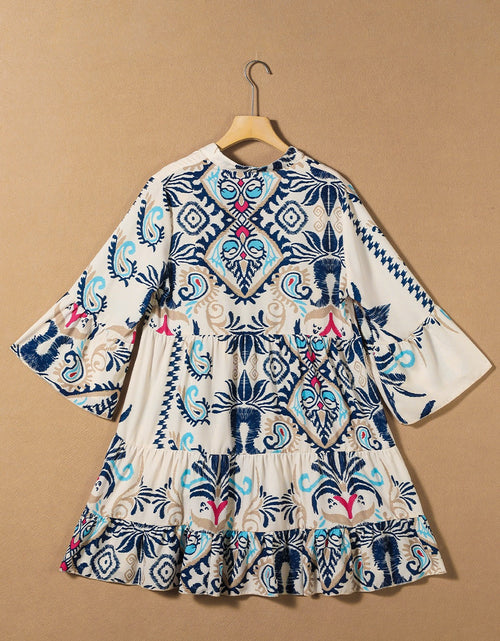 Load image into Gallery viewer, Printed Notched Three-Quarter Sleeve Mini Dress
