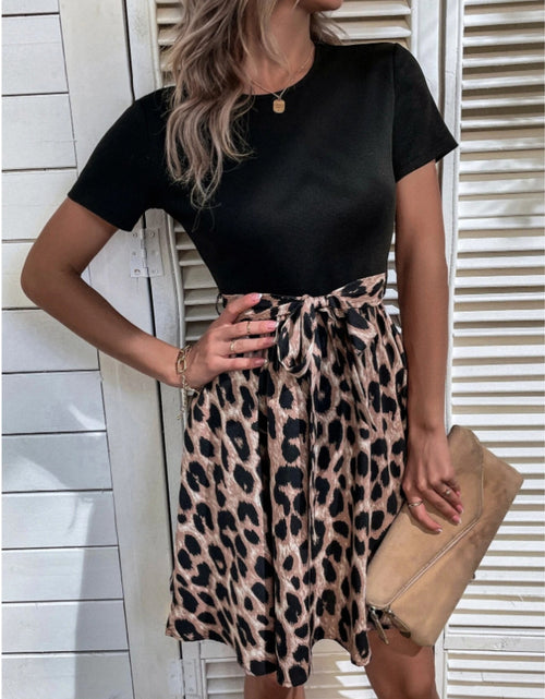 Load image into Gallery viewer, Tied Front Contrast Leopard Short Sleeve Mini Dress
