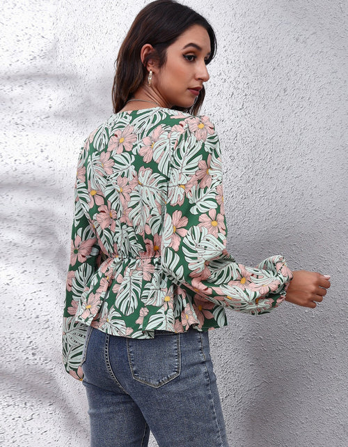 Load image into Gallery viewer, Floral V-Neck Balloon Sleeve Peplum Blouse
