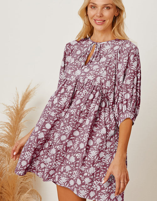 Load image into Gallery viewer, Floral Tie Neck Ruched Babydoll Dress
