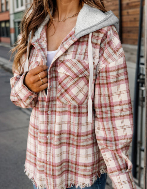 Load image into Gallery viewer, Plaid Raw Hem Drawstring Hooded Jacket
