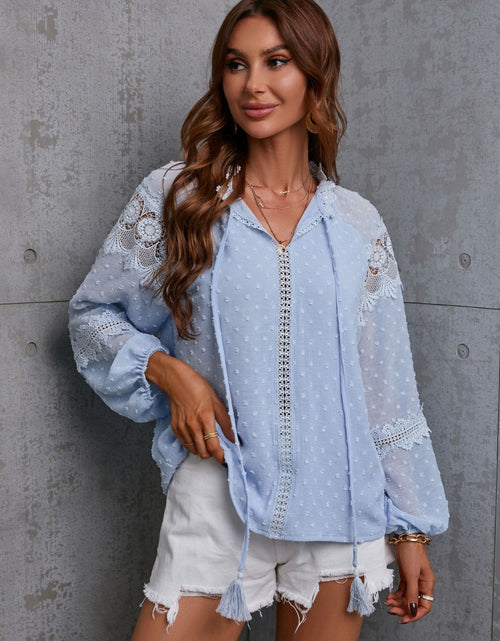 Load image into Gallery viewer, Crochet Tassel Tie Neck Long Sleeve Blouse
