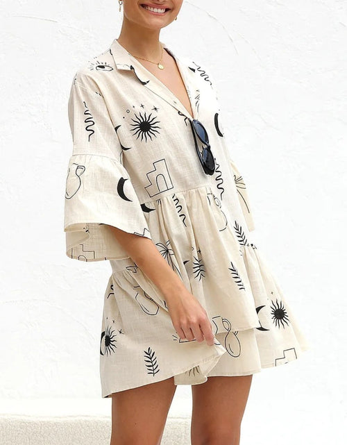 Load image into Gallery viewer, Printed Collared Neck Three-Quarter Sleeve Mini Dress
