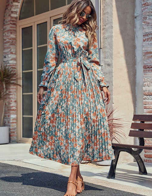Load image into Gallery viewer, Perfee Tied Pleated Printed Mock Neck Long Sleeve Dress
