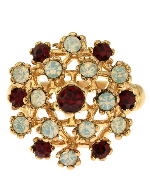 Load image into Gallery viewer, Vintage Ring Ruby Austrian Crystals and Pinfire Opals 18k White Gold Electroplate Made in the USA by PVD Vintage Jewelry

