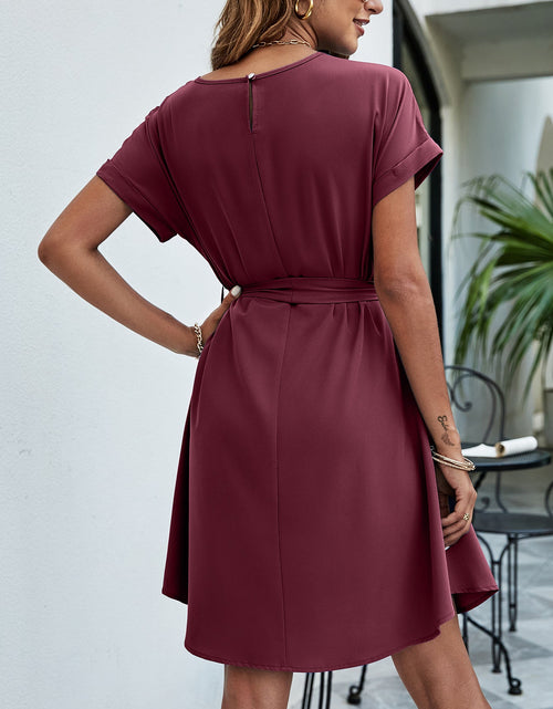 Load image into Gallery viewer, Belted Round Neck Curved Hem Dress
