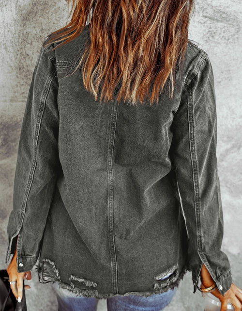 Load image into Gallery viewer, Distressed Raw Hem Snap Down Denim Jacket
