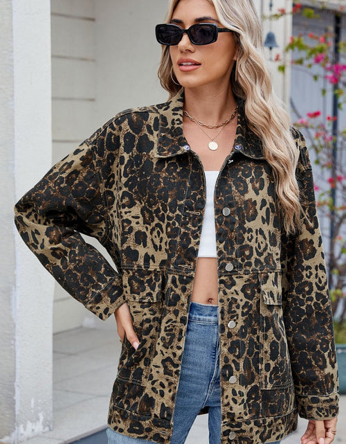 Load image into Gallery viewer, Leopard Button Up Drop Shoulder Denim Jacket
