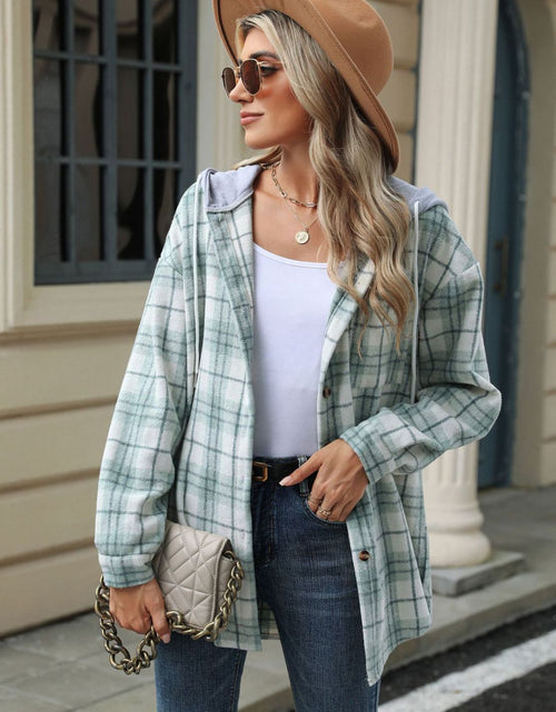 Load image into Gallery viewer, Drawstring Plaid Button Up Hooded Jacket
