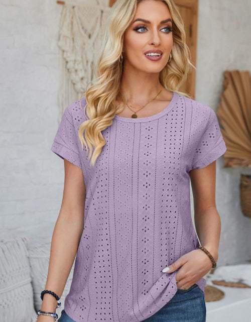 Load image into Gallery viewer, Eyelet Round Neck Rolled Short Sleeve T-Shirt
