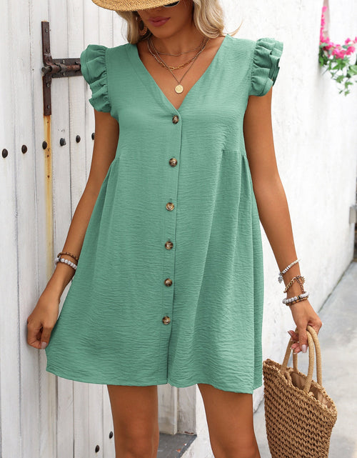 Load image into Gallery viewer, Ivy Lane Button Up V-Neck Cap Sleeve Mini Dress
