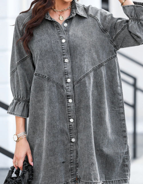 Load image into Gallery viewer, Distressed Collared Neck Flounce Sleeve Denim Dress
