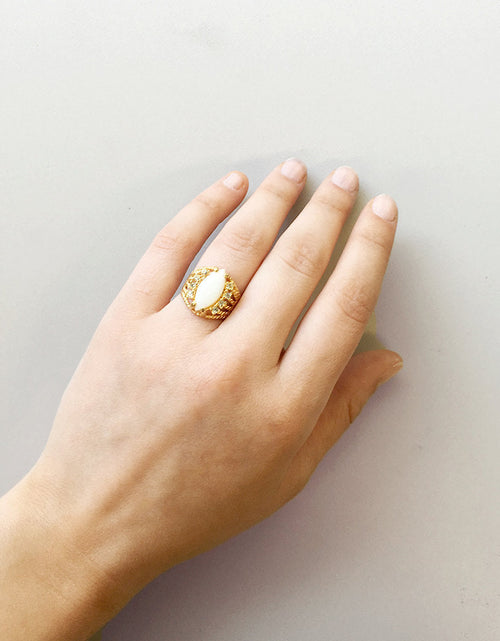 Load image into Gallery viewer, Vintage Pearl Beads with Genuine Ruby Accents 18k Gold Electroplated Ring Made in USA by PVD Vintage Jewelry

