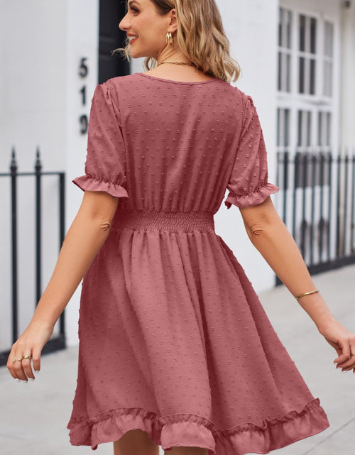 Load image into Gallery viewer, Swiss Dot Frill Trim Flounce Sleeve V-Neck Dress
